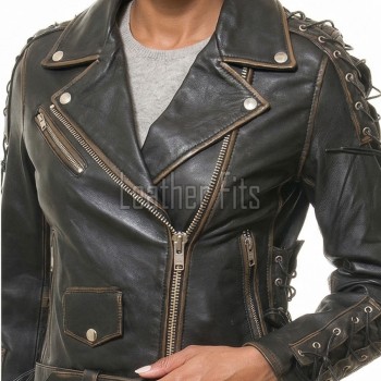 Women's Elite Distressed Leather Biker Jacket - Vintage Asymmetric Genuine Cowhide Eagle Graphic Motorcycle Heavy Rider Moto Coat