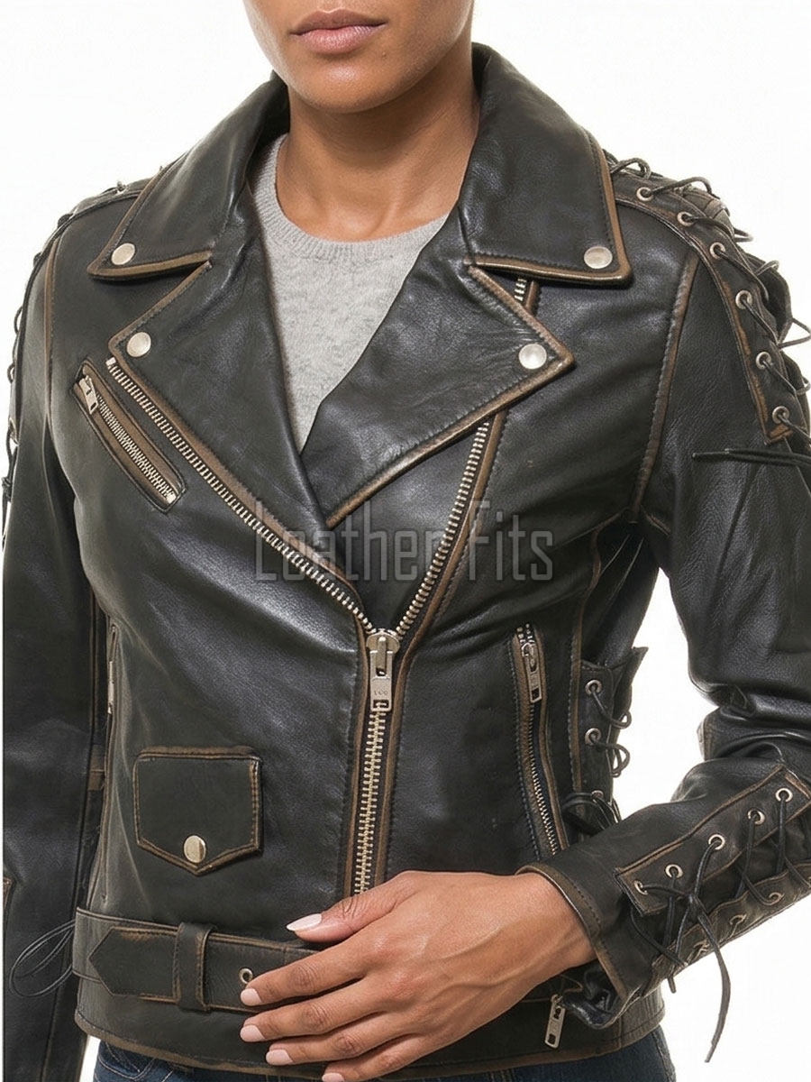 Women's Elite Distressed Leather Biker Jacket - Vintage Asymmetric Genuine Cowhide Eagle Graphic Motorcycle Heavy Rider Moto Coat