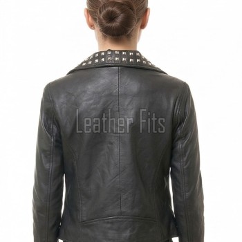 Women's Bespoke Black Leather Biker Jacket - Slim Fit Asymmetric Genuine Lambskin Studded Motorcycle Rocker Punk Edgy Moto Coat