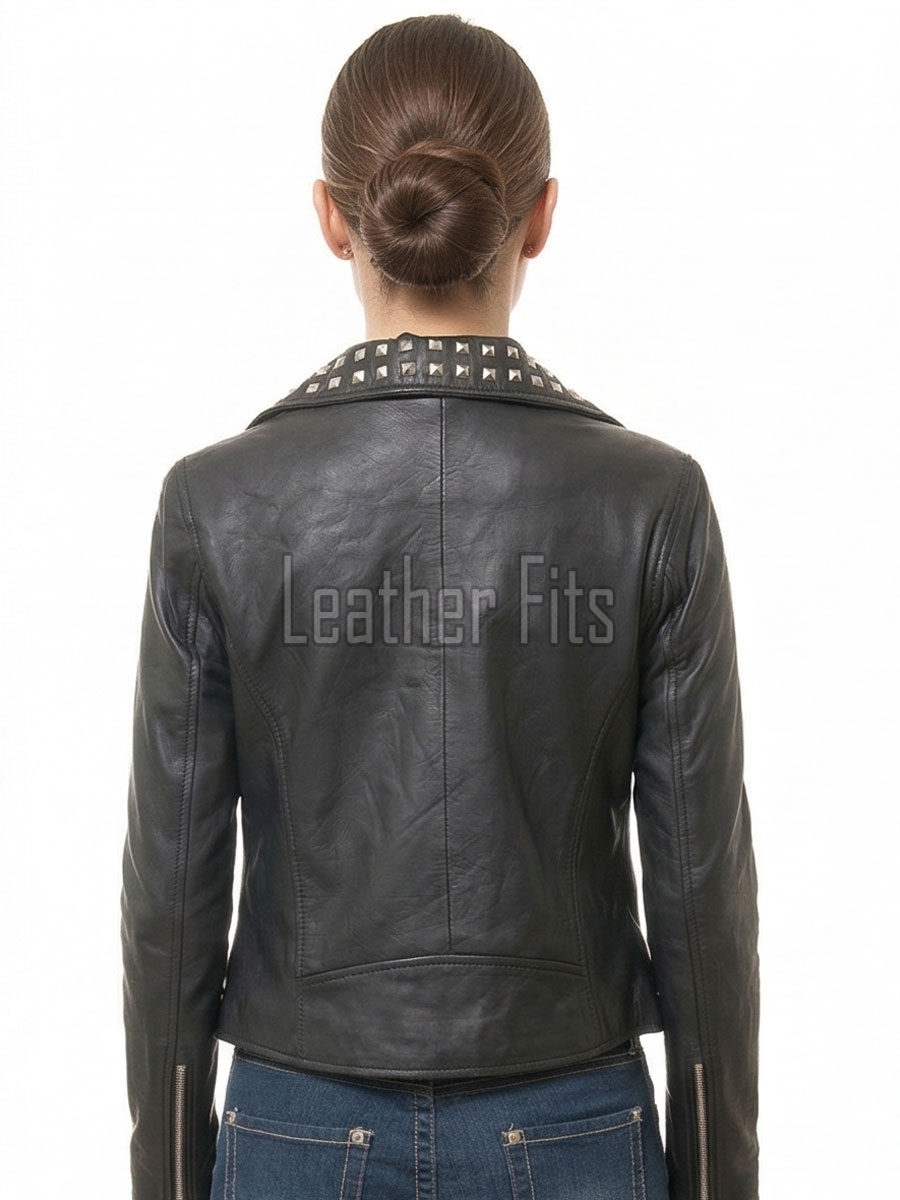 Women's Bespoke Black Leather Biker Jacket - Slim Fit Asymmetric Genuine Lambskin Studded Motorcycle Rocker Punk Edgy Moto Coat