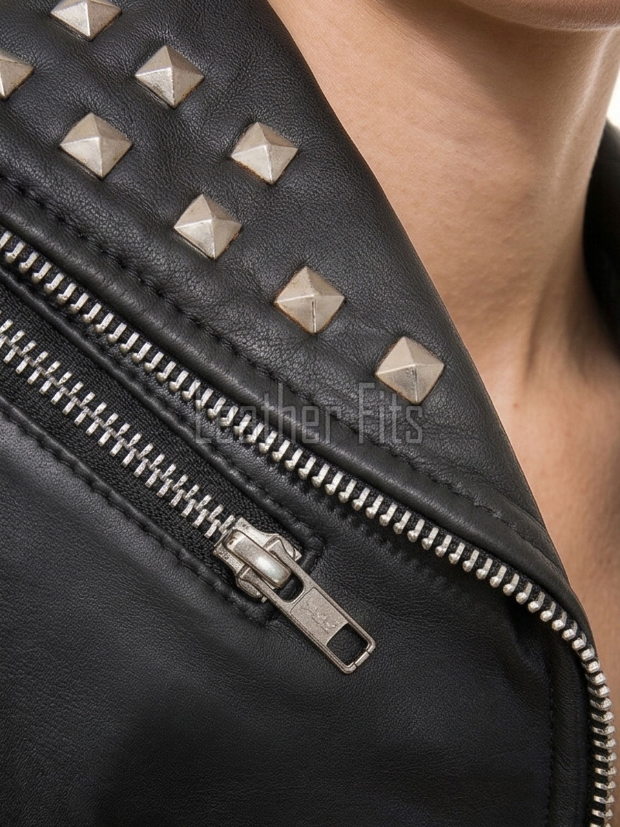 Women's Bespoke Black Leather Biker Jacket - Slim Fit Asymmetric Genuine Lambskin Studded Motorcycle Rocker Punk Edgy Moto Coat