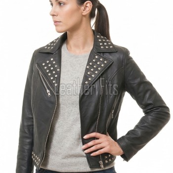 Women's Bespoke Black Leather Biker Jacket - Slim Fit Asymmetric Genuine Lambskin Studded Motorcycle Rocker Punk Edgy Moto Coat
