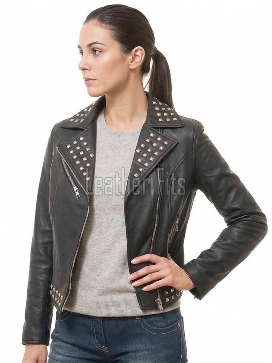 Women's Bespoke Black Leather Biker Jacket - Slim Fit Asymmetric Genuine Lambskin Studded Motorcycle Rocker Punk Edgy Moto Coat