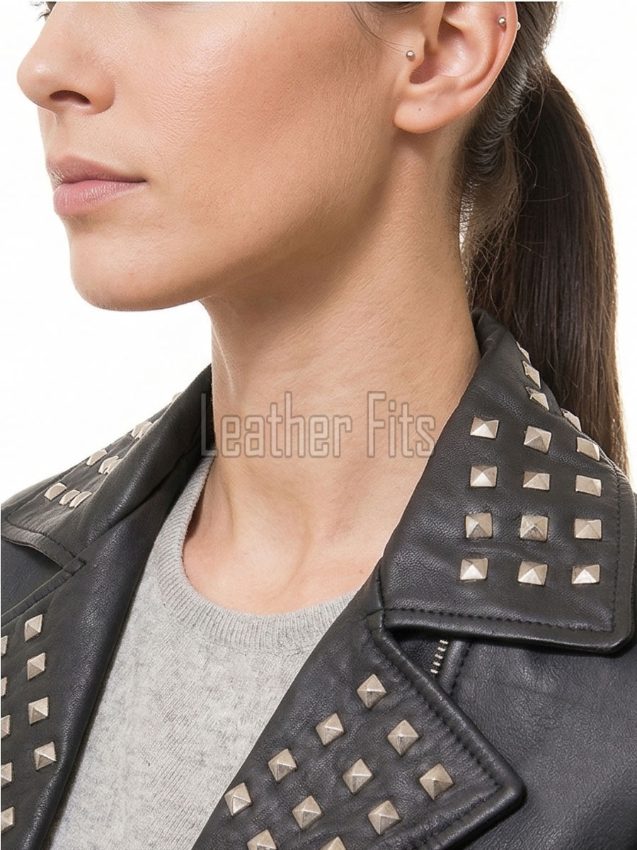 Women's Bespoke Black Leather Biker Jacket - Slim Fit Asymmetric Genuine Lambskin Studded Motorcycle Rocker Punk Edgy Moto Coat