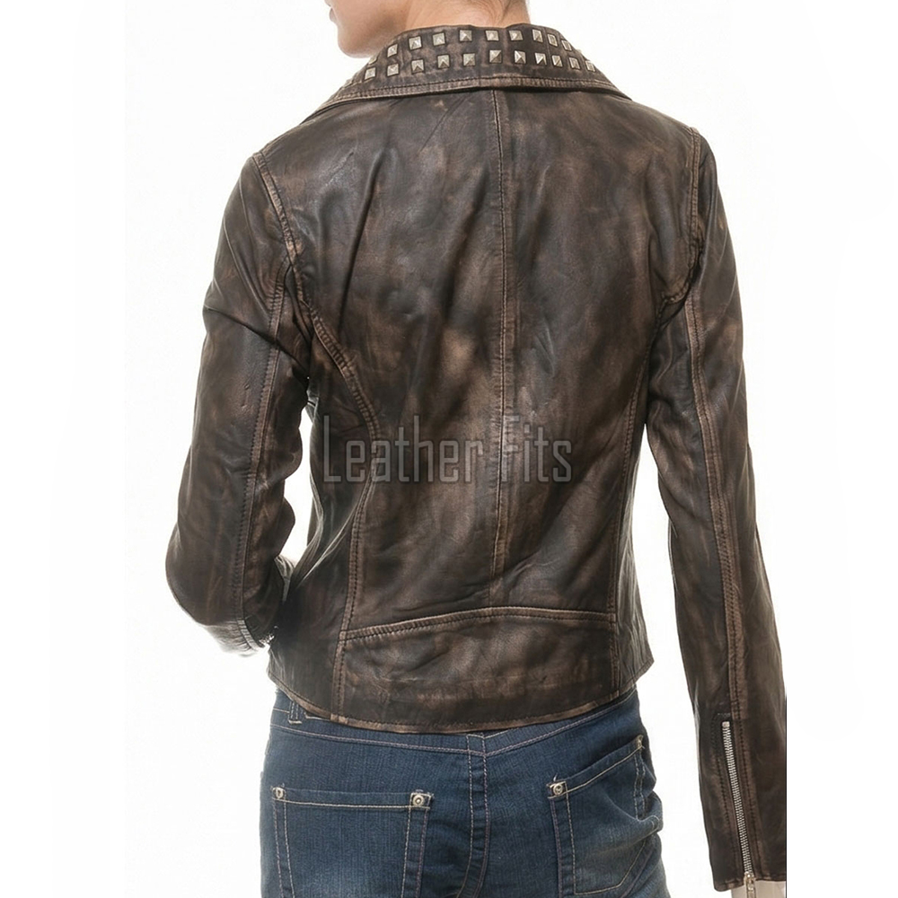 Women's Elite Brown Leather Biker Jacket - Slim Fit Asymmetric Genuine Sheepskin Studded Motorcycle Vintage Cafe Rider Moto Coat