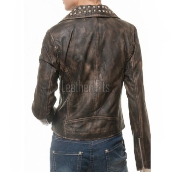 Women's Elite Brown Leather Biker Jacket - Slim Fit Asymmetric Genuine Sheepskin Studded Motorcycle Vintage Cafe Rider Moto Coat