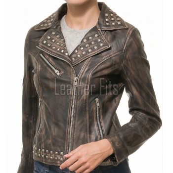Women's Elite Brown Leather Biker Jacket - Slim Fit Asymmetric Genuine Sheepskin Studded Motorcycle Vintage Cafe Rider Moto Coat