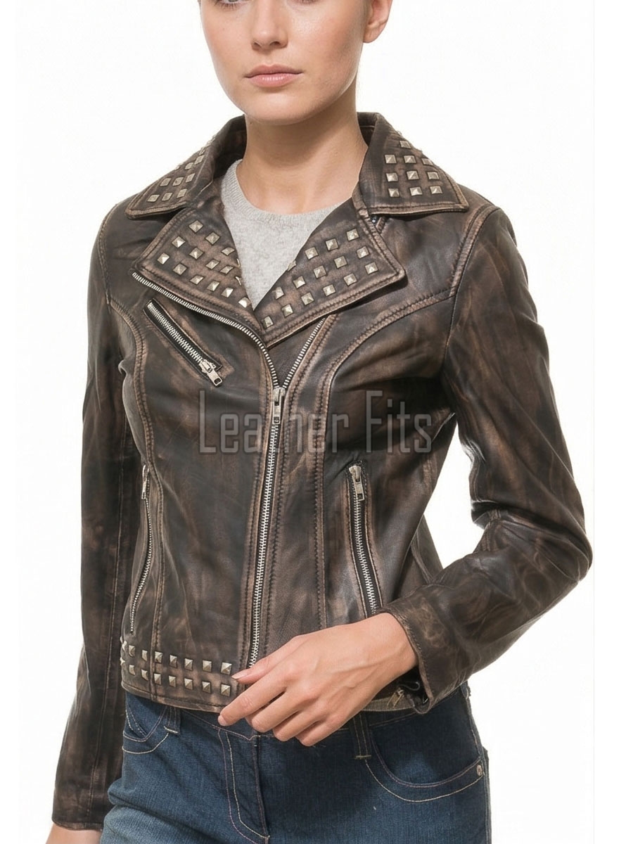 Women's Elite Brown Leather Biker Jacket - Slim Fit Asymmetric Genuine Sheepskin Studded Motorcycle Vintage Cafe Rider Moto Coat