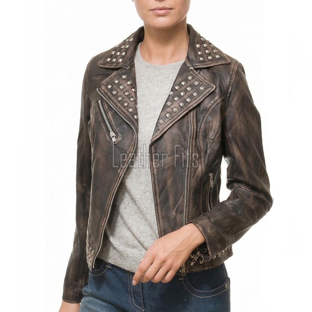 Women's Elite Brown Leather Biker Jacket - Slim Fit Asymmetric Genuine Sheepskin Studded Motorcycle Vintage Cafe Rider Moto Coat