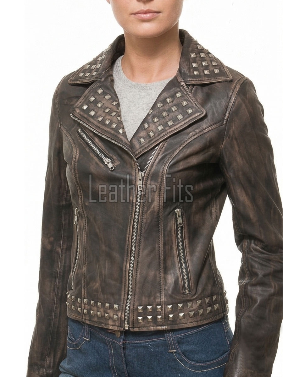 Women's Elite Brown Leather Biker Jacket - Slim Fit Asymmetric Genuine Sheepskin Studded Motorcycle Vintage Cafe Rider Moto Coat