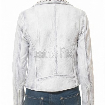 Women's Opulent White Leather Biker Jacket - Slim Fit Asymmetric Genuine Lambskin Studded Motorcycle Bleached Distressed Rider Moto Coat
