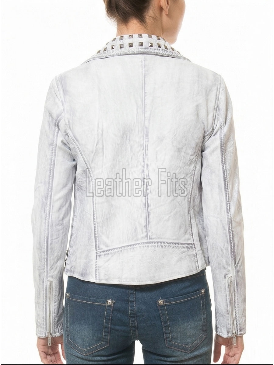 Women's Opulent White Leather Biker Jacket - Slim Fit Asymmetric Genuine Lambskin Studded Motorcycle Bleached Distressed Rider Moto Coat