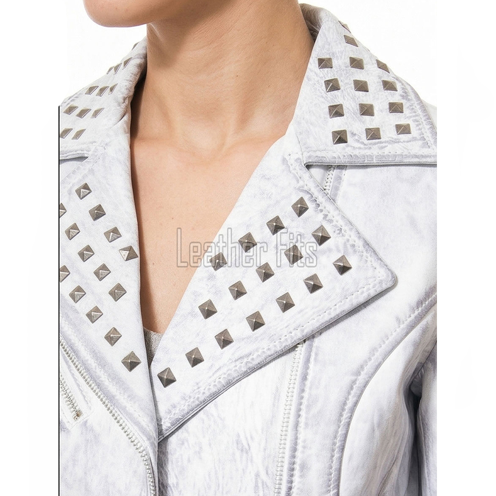 Women's Opulent White Leather Biker Jacket - Slim Fit Asymmetric Genuine Lambskin Studded Motorcycle Bleached Distressed Rider Moto Coat