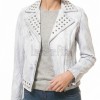 Women's Opulent White Leather Biker Jacket - Slim Fit Asymmetric Genuine Lambskin Studded Motorcycle Bleached Distressed Rider Moto Coat