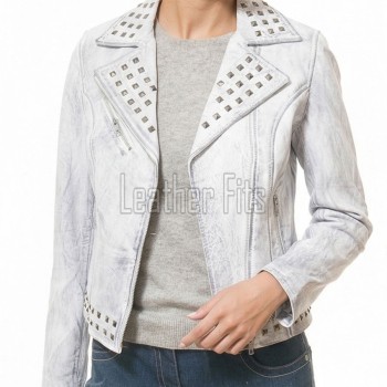 Women's Opulent White Leather Biker Jacket - Slim Fit Asymmetric Genuine Lambskin Studded Motorcycle Bleached Distressed Rider Moto Coat