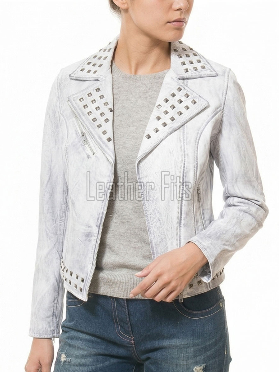 Women's Opulent White Leather Biker Jacket - Slim Fit Asymmetric Genuine Lambskin Studded Motorcycle Bleached Distressed Rider Moto Coat