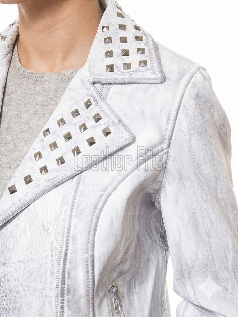 Women's Opulent White Leather Biker Jacket - Slim Fit Asymmetric Genuine Lambskin Studded Motorcycle Bleached Distressed Rider Moto Coat