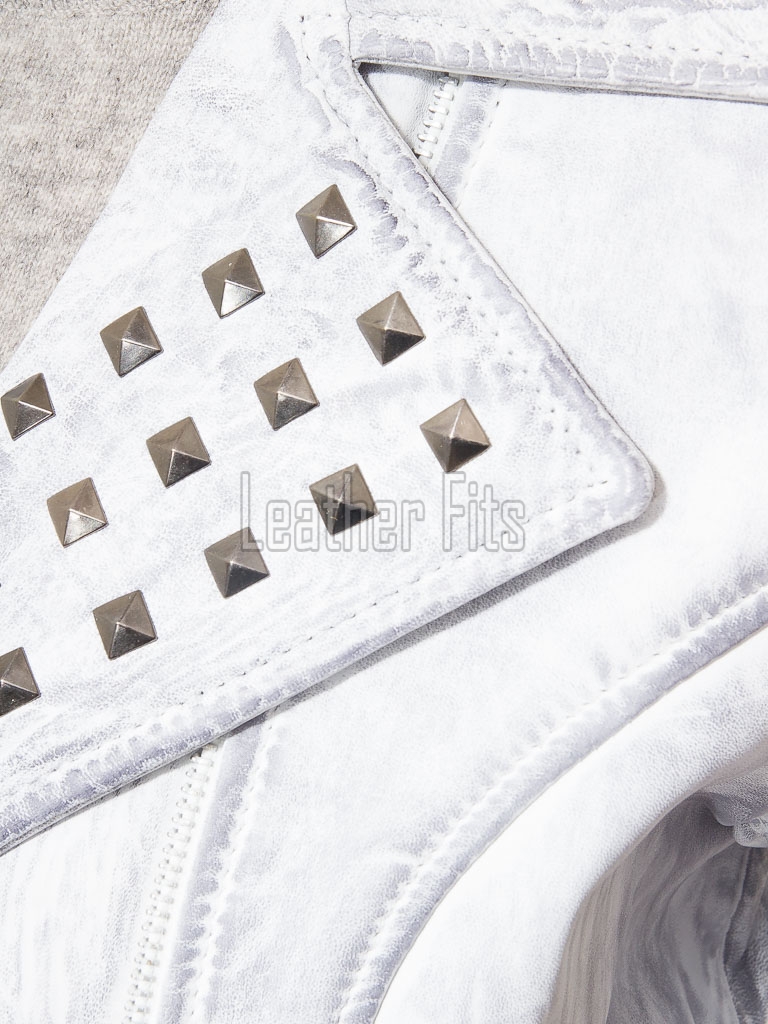 Women's Opulent White Leather Biker Jacket - Slim Fit Asymmetric Genuine Lambskin Studded Motorcycle Bleached Distressed Rider Moto Coat