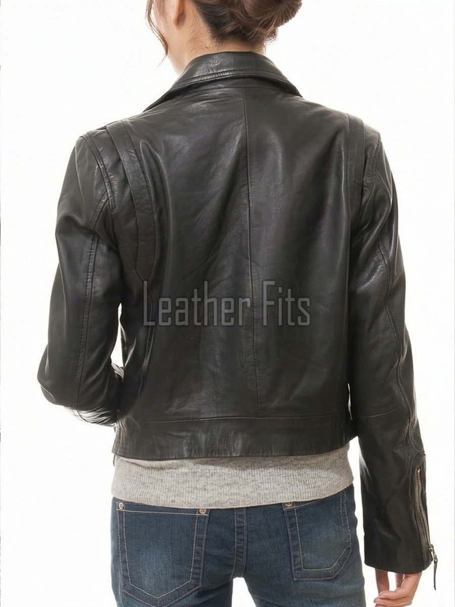 Women's Pristine Black Leather Biker Jacket - Slim Fit Asymmetric Genuine Lambskin Motorcycle Minimalist Classic Chic Moto Coat