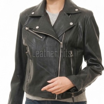Women's Pristine Black Leather Biker Jacket - Slim Fit Asymmetric Genuine Lambskin Motorcycle Minimalist Classic Chic Moto Coat