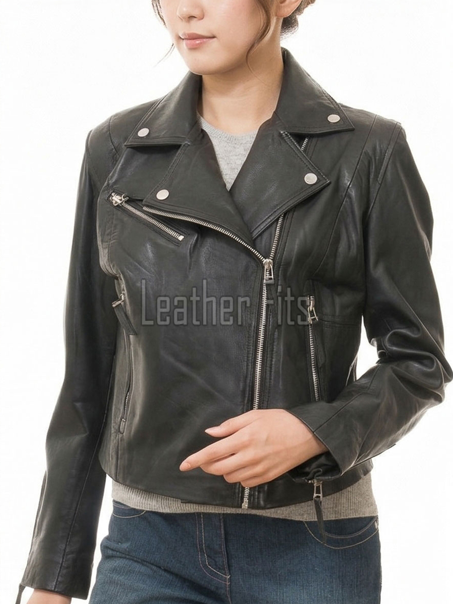 Women's Pristine Black Leather Biker Jacket - Slim Fit Asymmetric Genuine Lambskin Motorcycle Minimalist Classic Chic Moto Coat