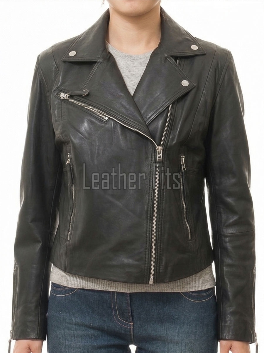 Women's Pristine Black Leather Biker Jacket - Slim Fit Asymmetric Genuine Lambskin Motorcycle Minimalist Classic Chic Moto Coat