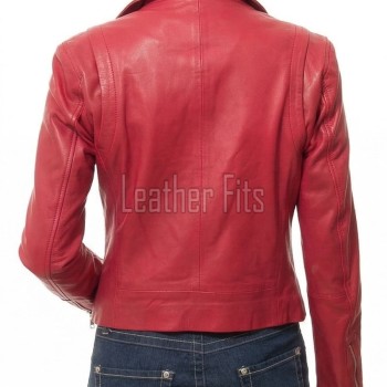 Women's Sumptuous Red Leather Biker Jacket - Slim Fit Asymmetric Genuine Lambskin Motorcycle Classic Sleek Bold Moto Coat