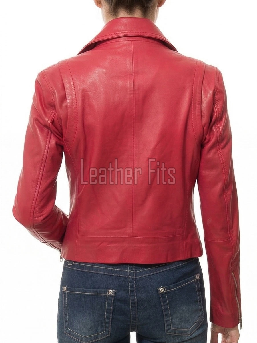 Women's Sumptuous Red Leather Biker Jacket - Slim Fit Asymmetric Genuine Lambskin Motorcycle Classic Sleek Bold Moto Coat