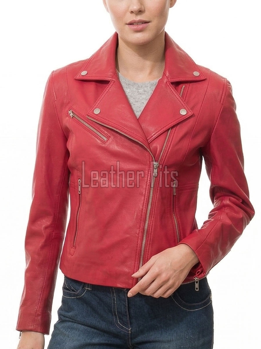 Women's Sumptuous Red Leather Biker Jacket - Slim Fit Asymmetric Genuine Lambskin Motorcycle Classic Sleek Bold Moto Coat