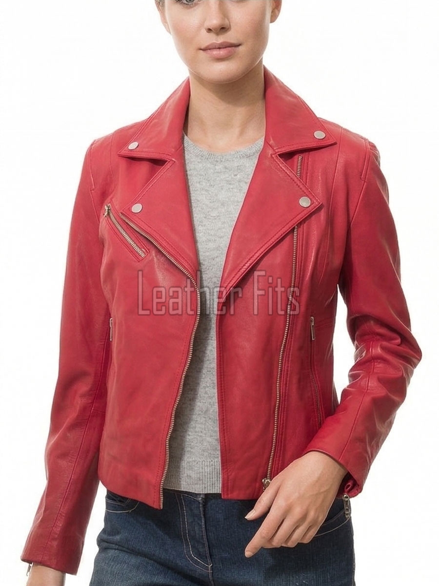 Women's Sumptuous Red Leather Biker Jacket - Slim Fit Asymmetric Genuine Lambskin Motorcycle Classic Sleek Bold Moto Coat