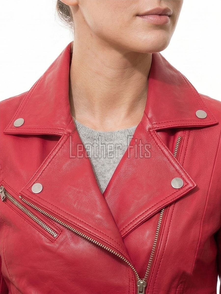 Women's Sumptuous Red Leather Biker Jacket - Slim Fit Asymmetric Genuine Lambskin Motorcycle Classic Sleek Bold Moto Coat
