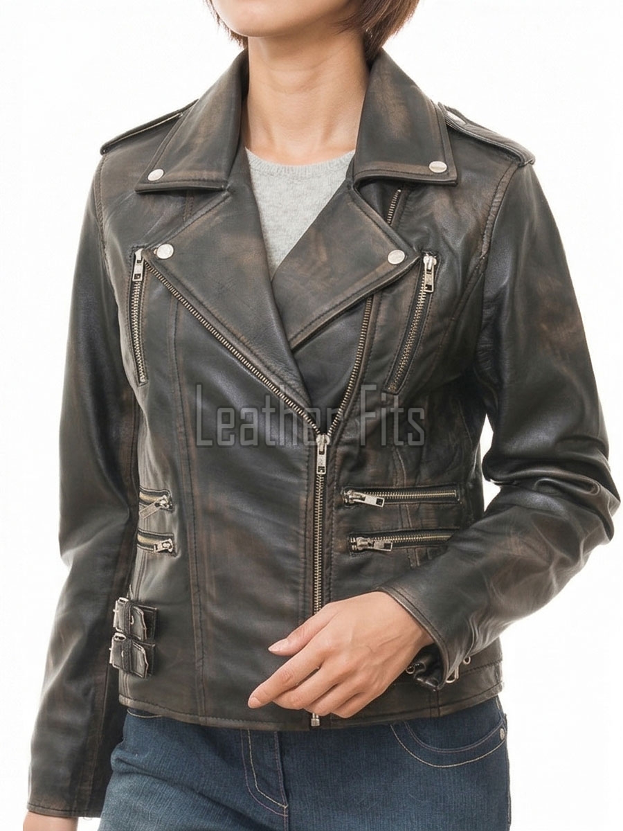 Women's Elite Brown Leather Biker Jacket - Slim Fit Asymmetric Genuine Lambskin Motorcycle Distressed Vintage Chic Moto Coat