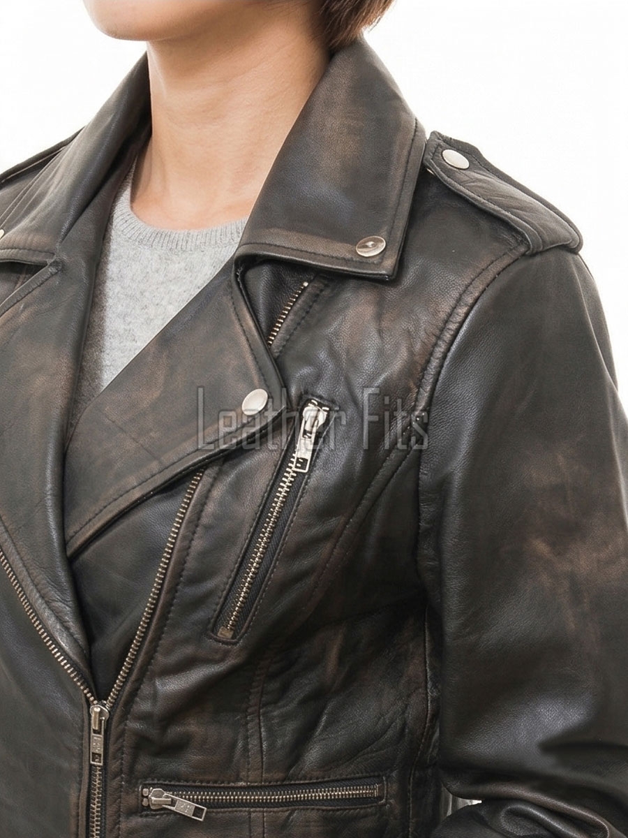 Women's Elite Brown Leather Biker Jacket - Slim Fit Asymmetric Genuine Lambskin Motorcycle Distressed Vintage Chic Moto Coat