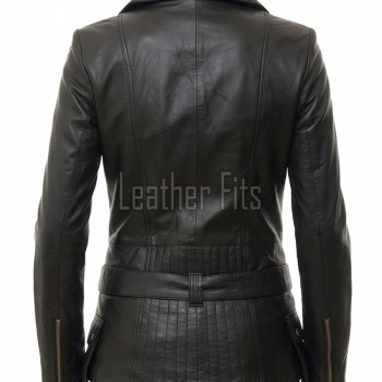 Women's Opulent Black Leather Biker Jacket - Slim Fit Asymmetric Genuine Sheepskin Motorcycle Classic Longline Belted Moto Coat