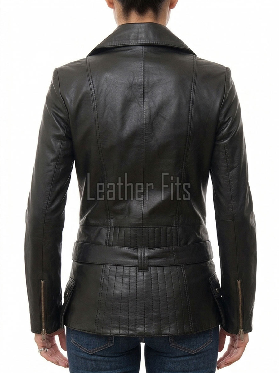 Women's Opulent Black Leather Biker Jacket - Slim Fit Asymmetric Genuine Sheepskin Motorcycle Classic Longline Belted Moto Coat
