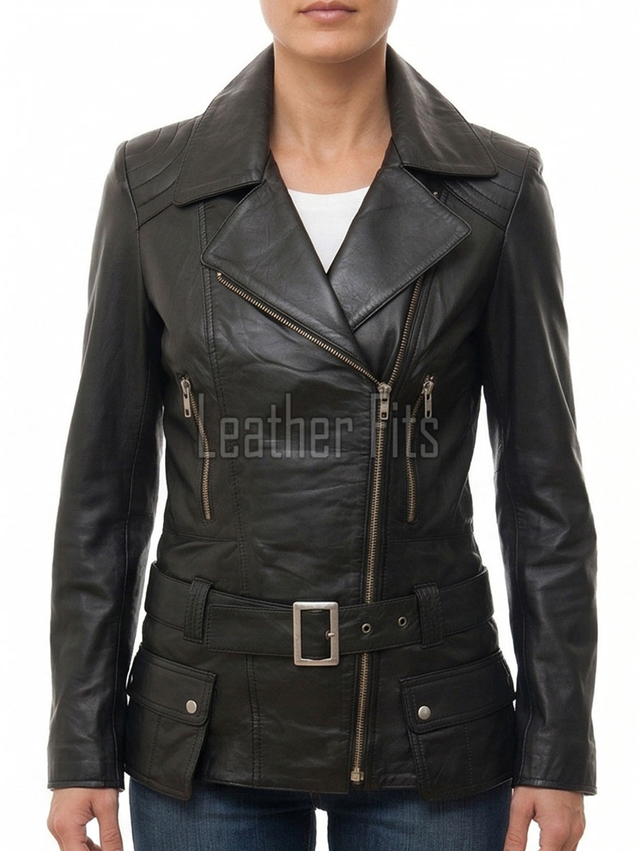 Women's Opulent Black Leather Biker Jacket - Slim Fit Asymmetric Genuine Sheepskin Motorcycle Classic Longline Belted Moto Coat