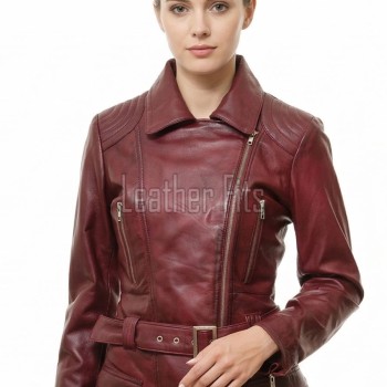 Women's Bespoke Maroon Leather Biker Jacket - Slim Fit Asymmetric Genuine Lambskin Motorcycle Classic Longline Belted Moto Coat