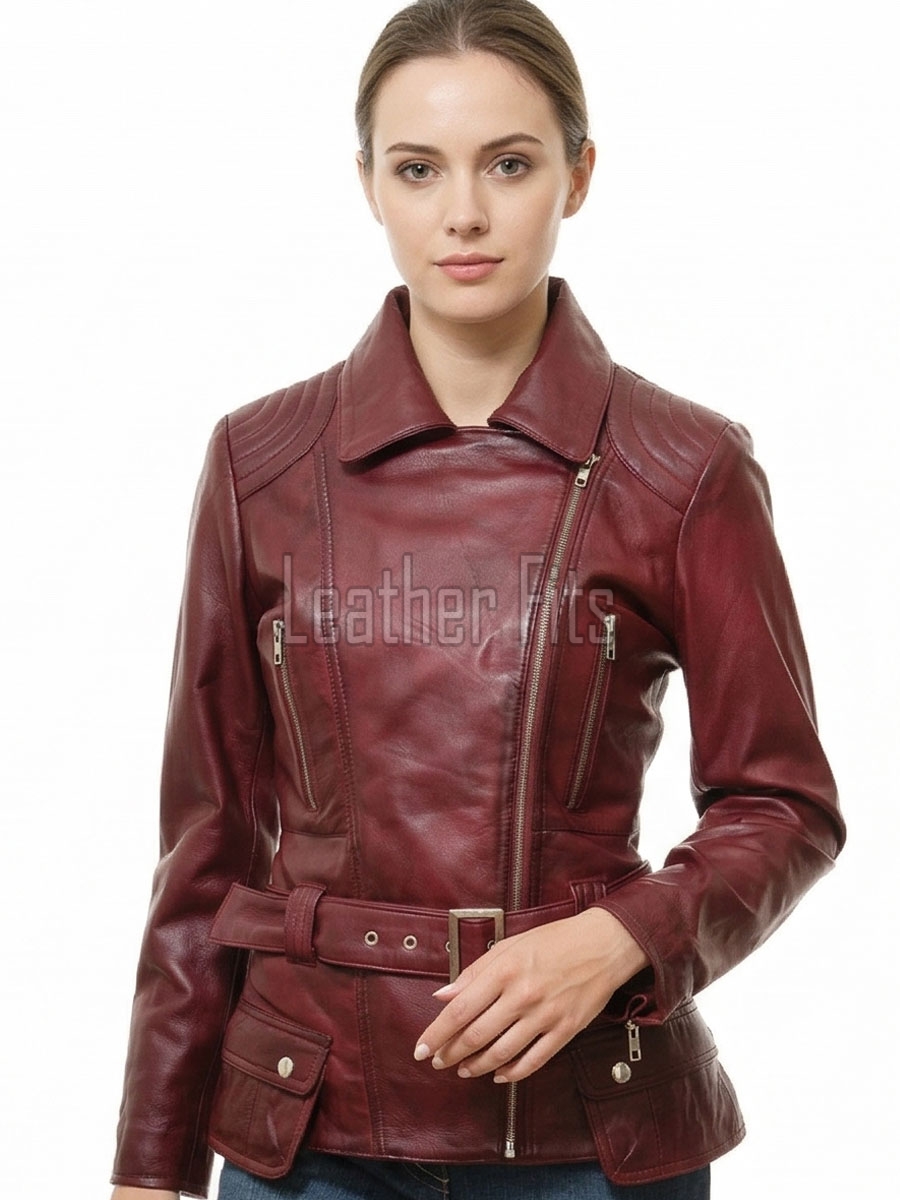 Women's Bespoke Maroon Leather Biker Jacket - Slim Fit Asymmetric Genuine Lambskin Motorcycle Classic Longline Belted Moto Coat