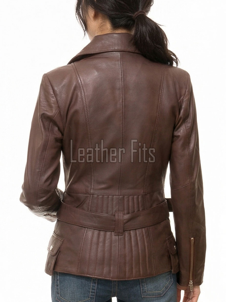 Women's Sumptuous Brown Leather Biker Jacket - Slim Fit Asymmetric Genuine Lambskin Motorcycle Classic Longline Belted Moto Coat