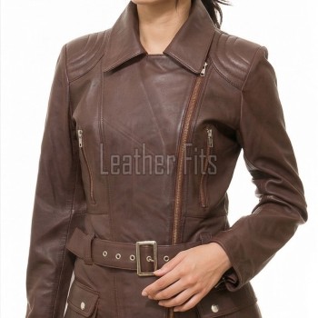 Women's Sumptuous Brown Leather Biker Jacket - Slim Fit Asymmetric Genuine Lambskin Motorcycle Classic Longline Belted Moto Coat