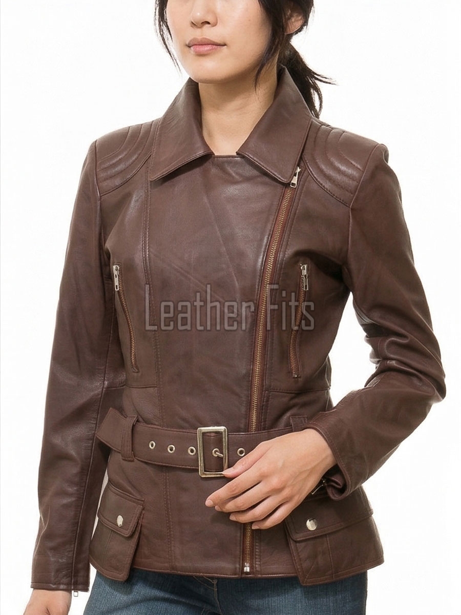 Women's Sumptuous Brown Leather Biker Jacket - Slim Fit Asymmetric Genuine Lambskin Motorcycle Classic Longline Belted Moto Coat