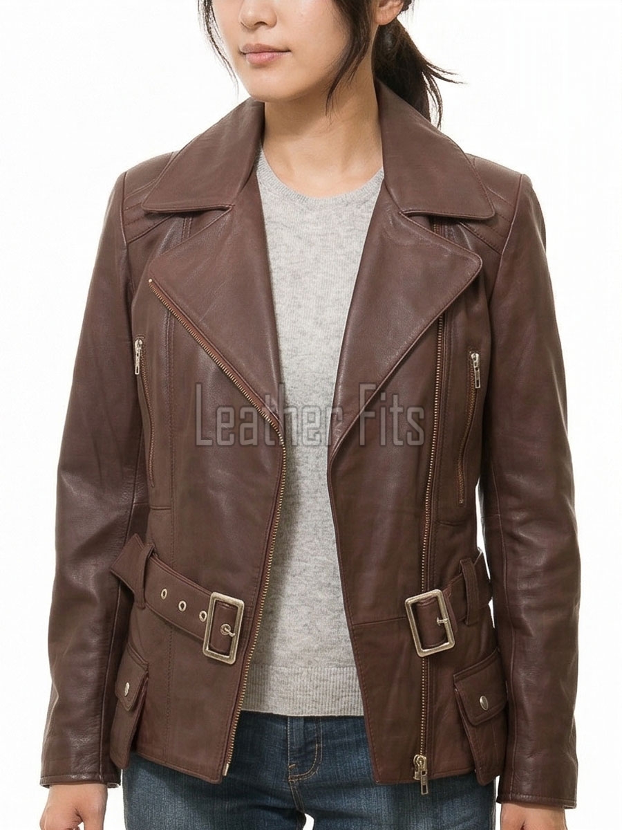 Women's Sumptuous Brown Leather Biker Jacket - Slim Fit Asymmetric Genuine Lambskin Motorcycle Classic Longline Belted Moto Coat