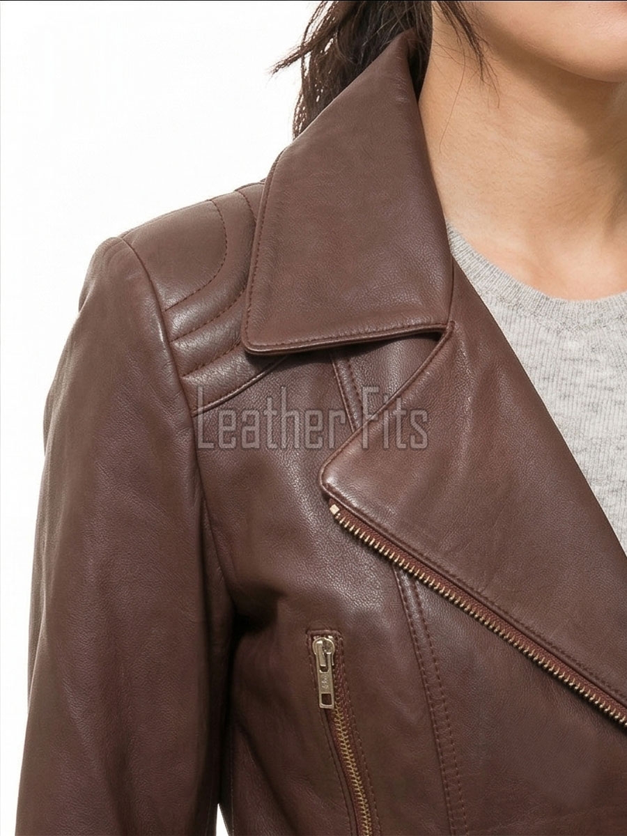 Women's Sumptuous Brown Leather Biker Jacket - Slim Fit Asymmetric Genuine Lambskin Motorcycle Classic Longline Belted Moto Coat