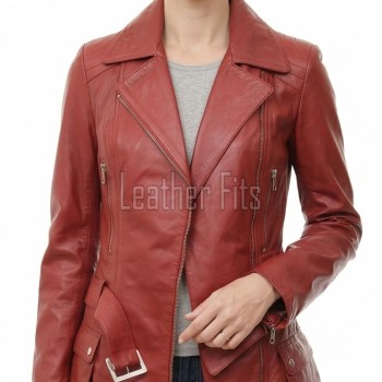 Women's Elite Brick Red Leather Biker Jacket - Slim Fit Asymmetric Genuine Sheepskin Motorcycle Classic Longline Belted Moto Coat