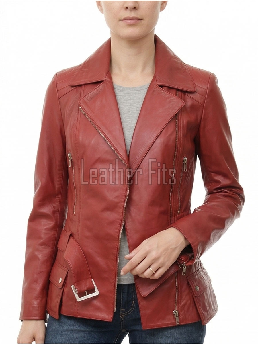 Women's Elite Brick Red Leather Biker Jacket - Slim Fit Asymmetric Genuine Sheepskin Motorcycle Classic Longline Belted Moto Coat