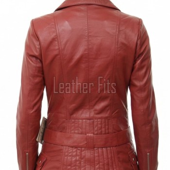 Women's Elite Brick Red Leather Biker Jacket - Slim Fit Asymmetric Genuine Sheepskin Motorcycle Classic Longline Belted Moto Coat