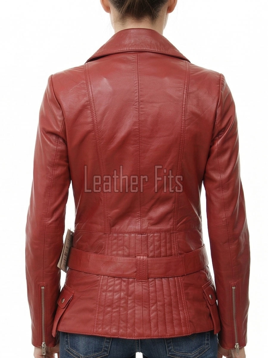 Women's Elite Brick Red Leather Biker Jacket - Slim Fit Asymmetric Genuine Sheepskin Motorcycle Classic Longline Belted Moto Coat