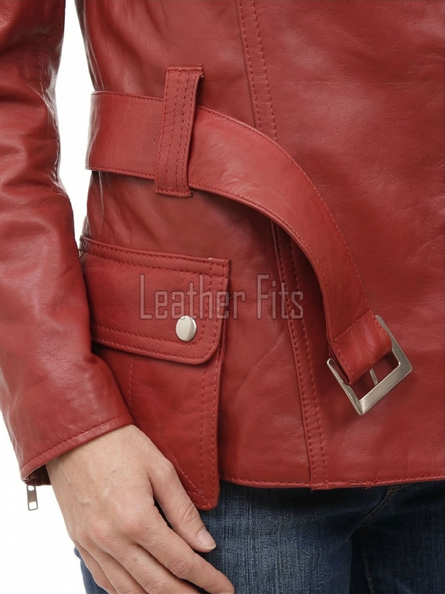 Women's Elite Brick Red Leather Biker Jacket - Slim Fit Asymmetric Genuine Sheepskin Motorcycle Classic Longline Belted Moto Coat