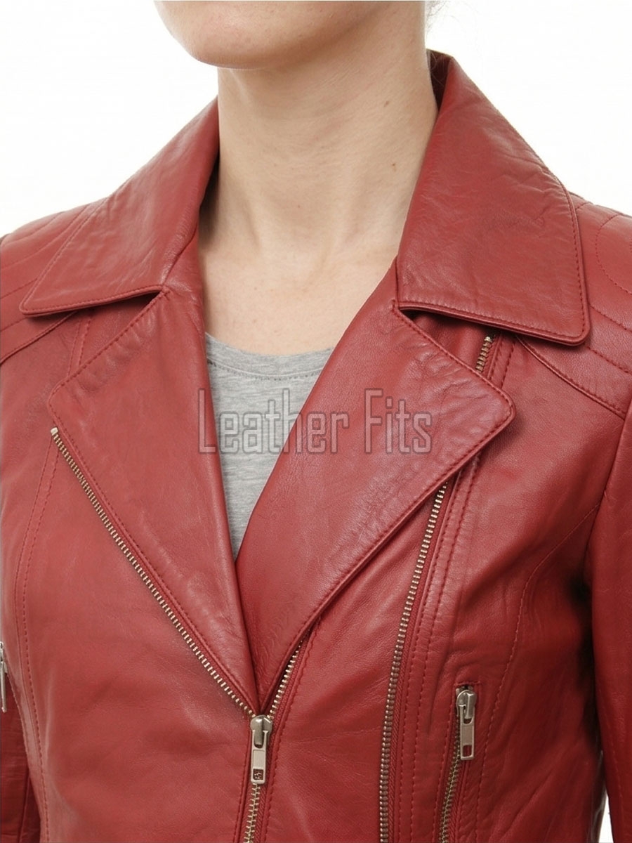 Women's Elite Brick Red Leather Biker Jacket - Slim Fit Asymmetric Genuine Sheepskin Motorcycle Classic Longline Belted Moto Coat