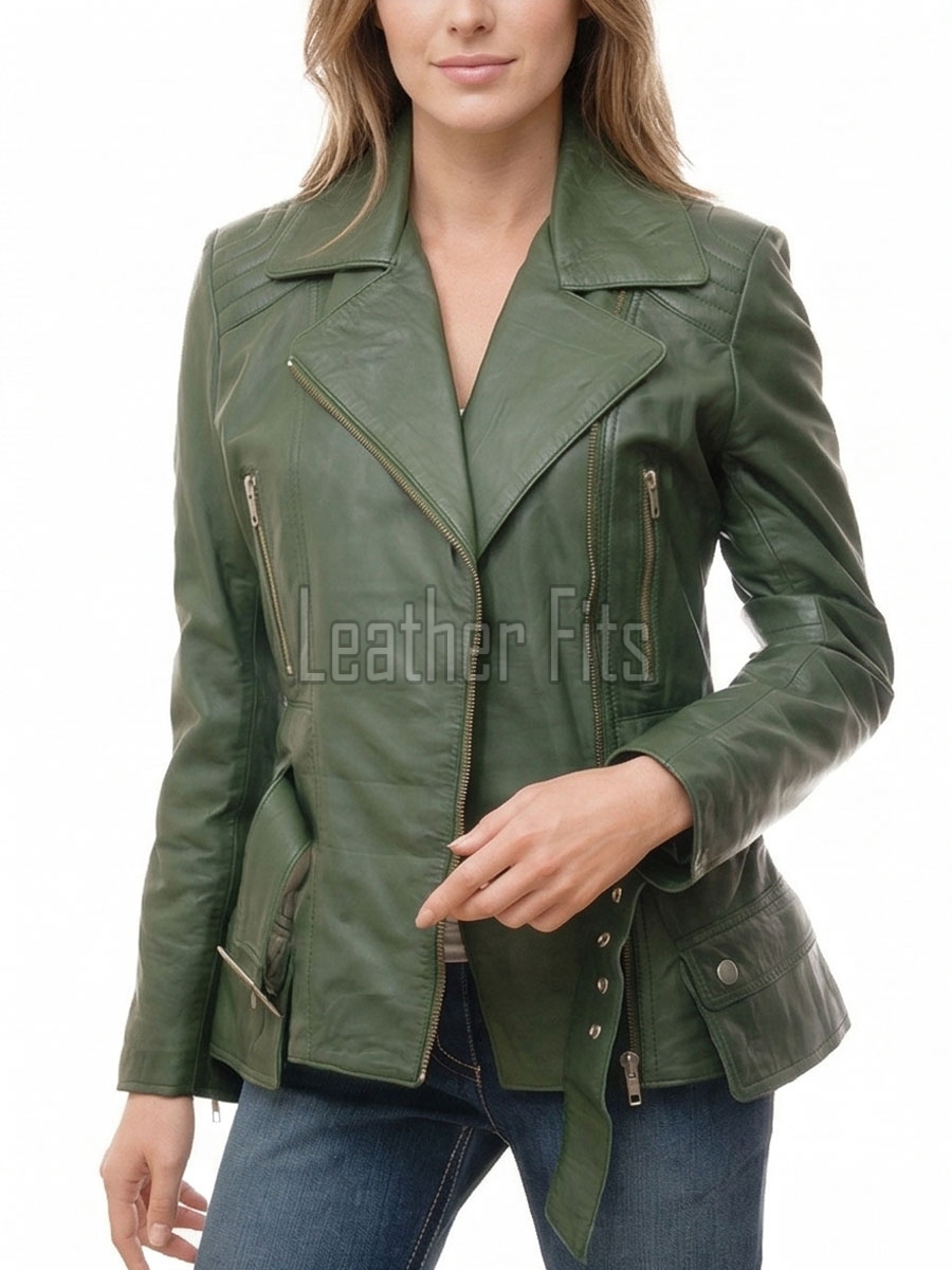 Women's Opulent Green Leather Biker Jacket - Slim Fit Asymmetric Genuine Lambskin Motorcycle Classic Longline Belted Moto Coat